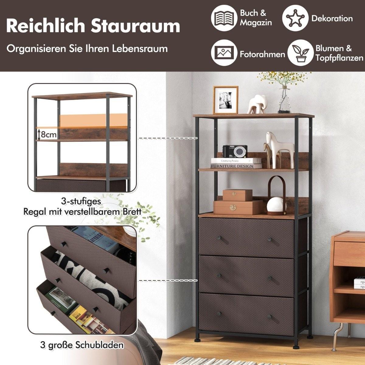 B2X Bücherregal mit 3 Schubladen & Offenen Regalen Kommode Schubladenschrank 56,5 x 20 x 117cm  