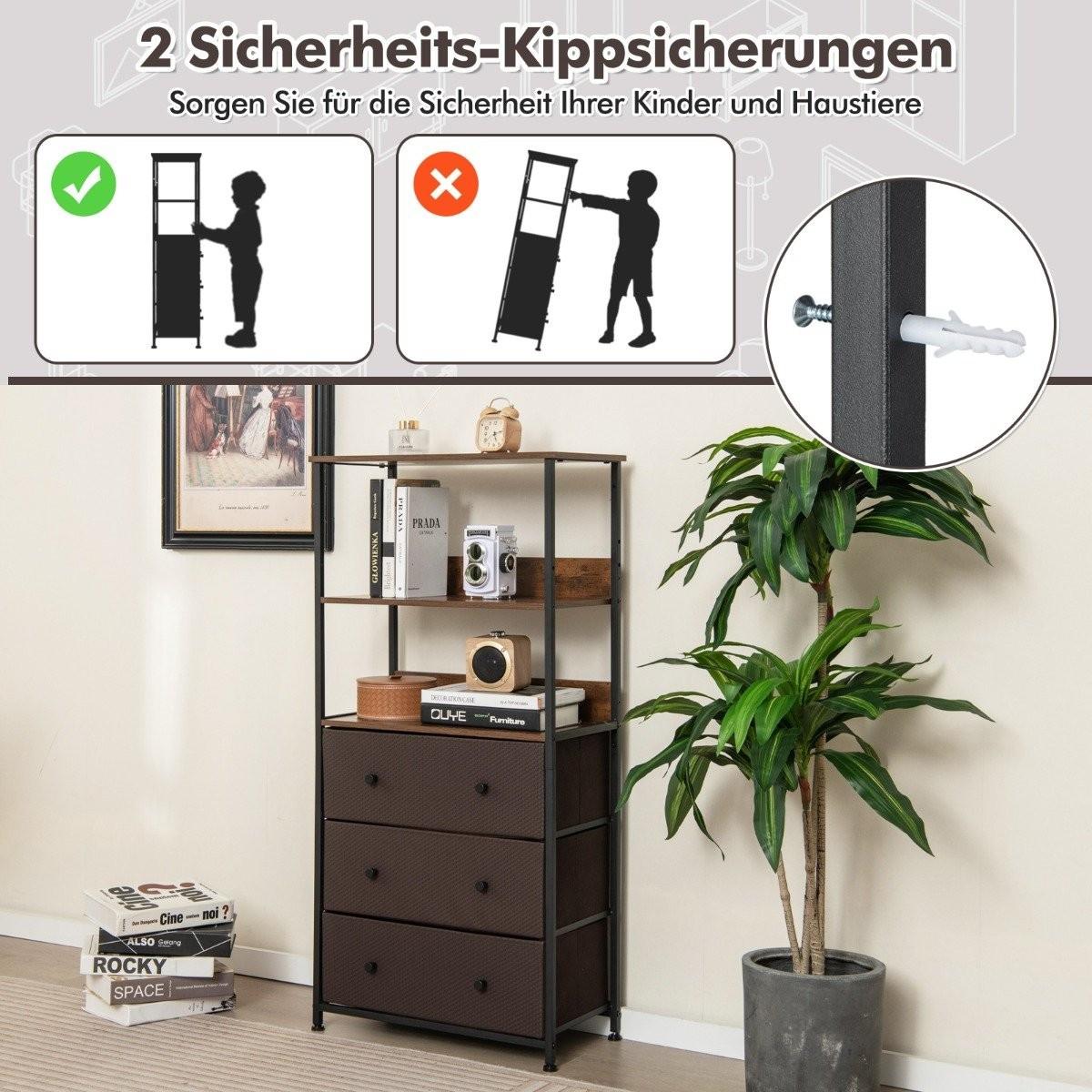 B2X Bücherregal mit 3 Schubladen & Offenen Regalen Kommode Schubladenschrank 56,5 x 20 x 117cm  