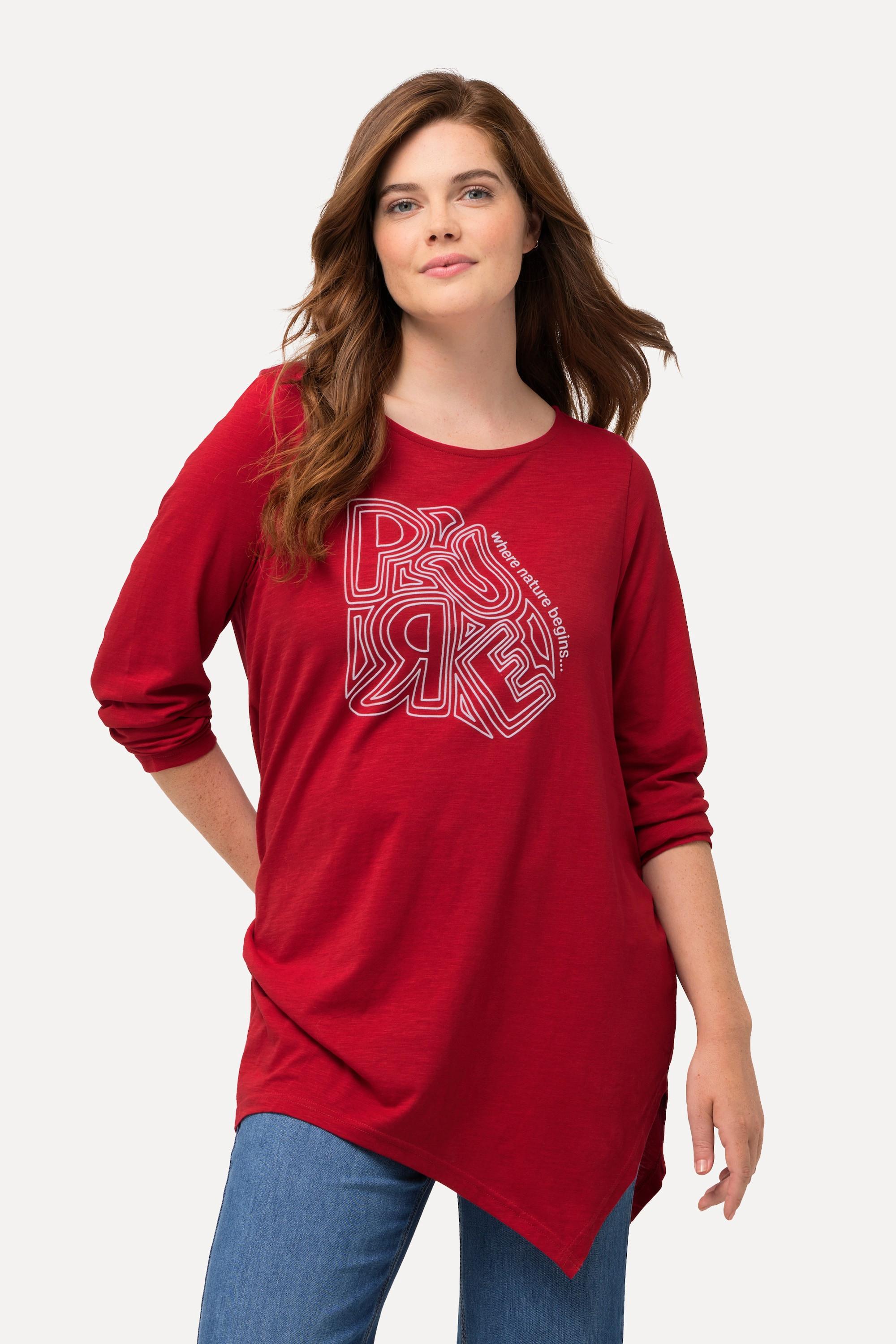 Ulla Popken  T-shirt en coton bio. Col rond et manches longues. Motif PURE. Silhouette en A. 