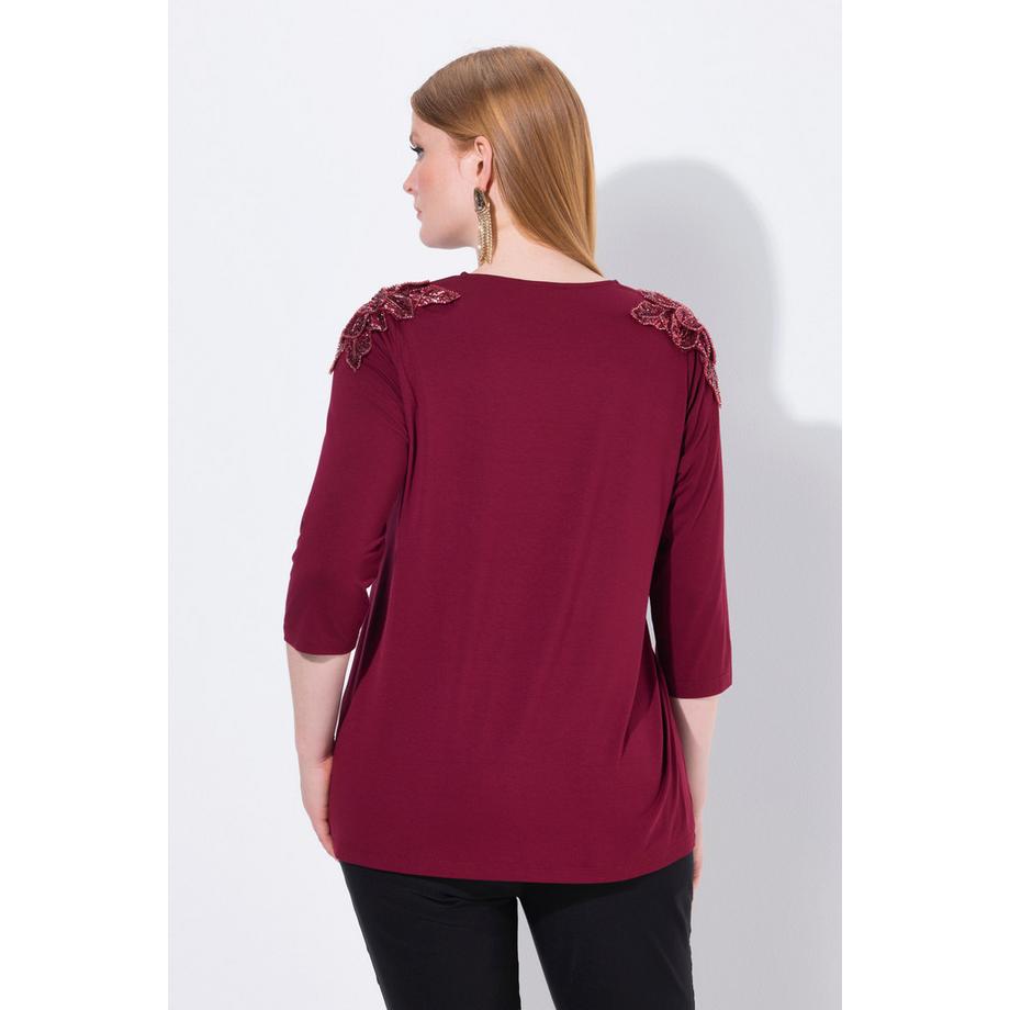 Ulla Popken Maglia Fiori Paillettes Taglio Svasato Scollo Rotondo Maniche 3/4  