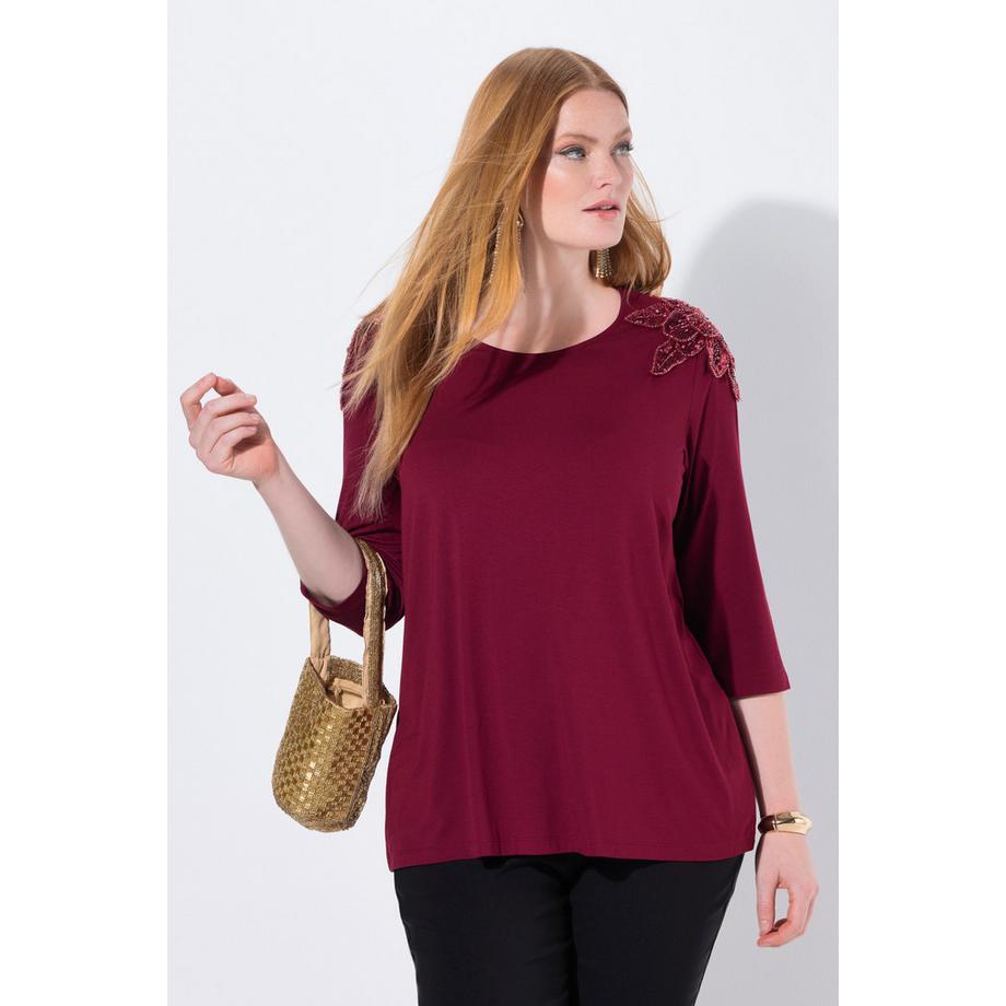 Ulla Popken Maglia Fiori Paillettes Taglio Svasato Scollo Rotondo Maniche 3/4  