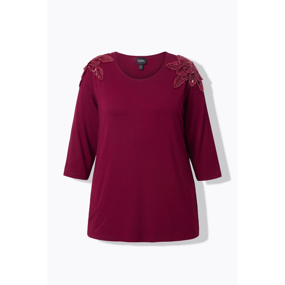 Ulla Popken Maglia Fiori Paillettes Taglio Svasato Scollo Rotondo Maniche 3/4  