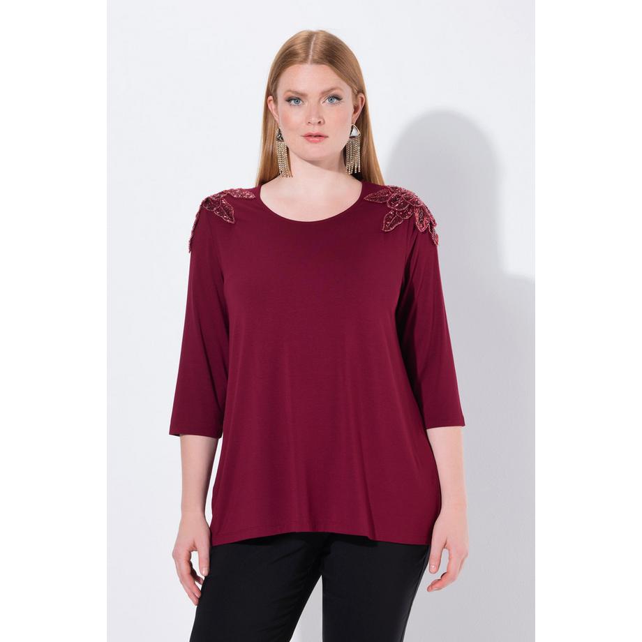 Ulla Popken Maglia Fiori Paillettes Taglio Svasato Scollo Rotondo Maniche 3/4  