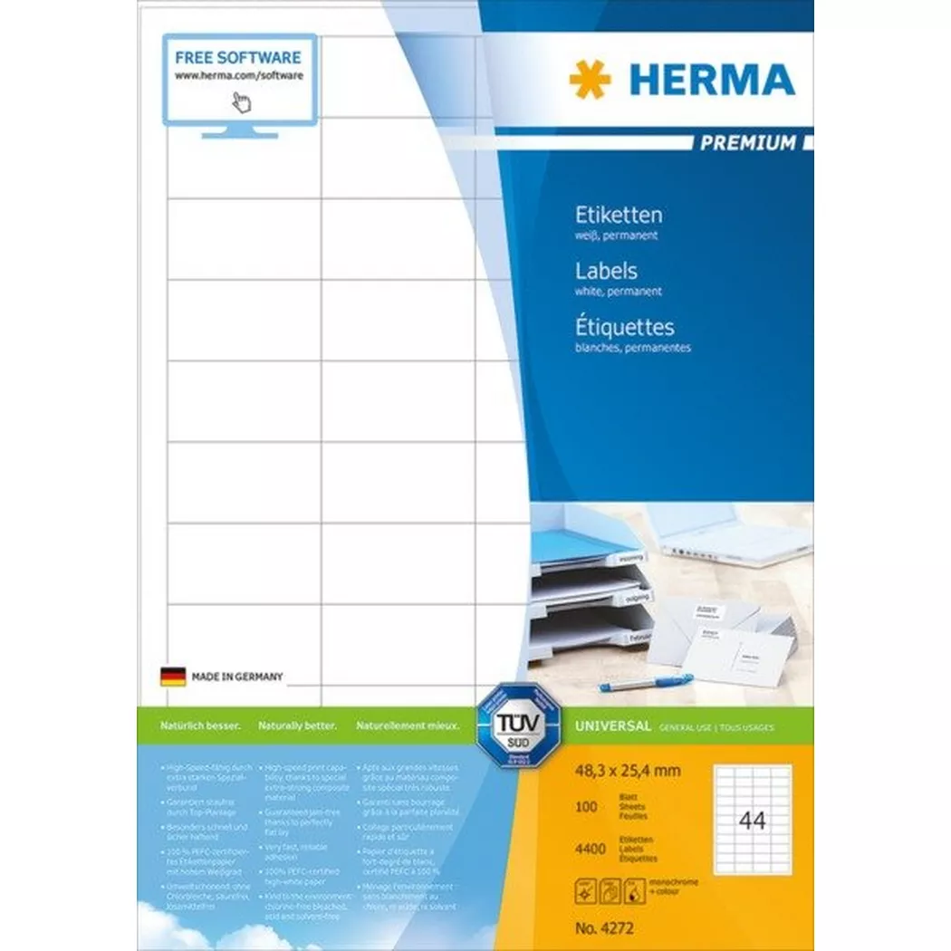 HERMA – Etiketten PREMIUM 48.3×25.4mm 4272 weiss,perm. 4400 St./100 Bl., One Size