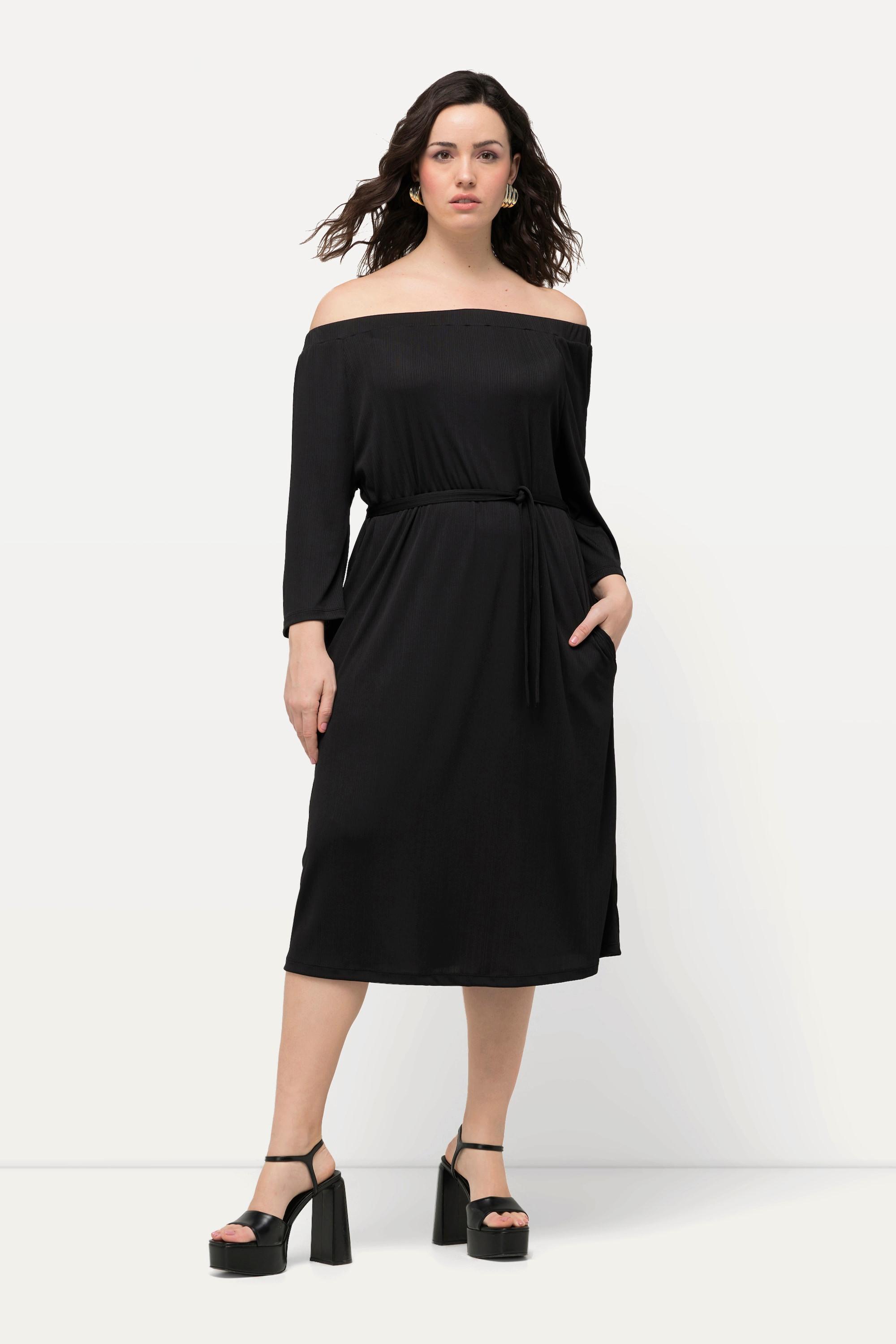 Ulla Popken  Robe midi en jersey texturé, épaules dénudées et manches 3/4 