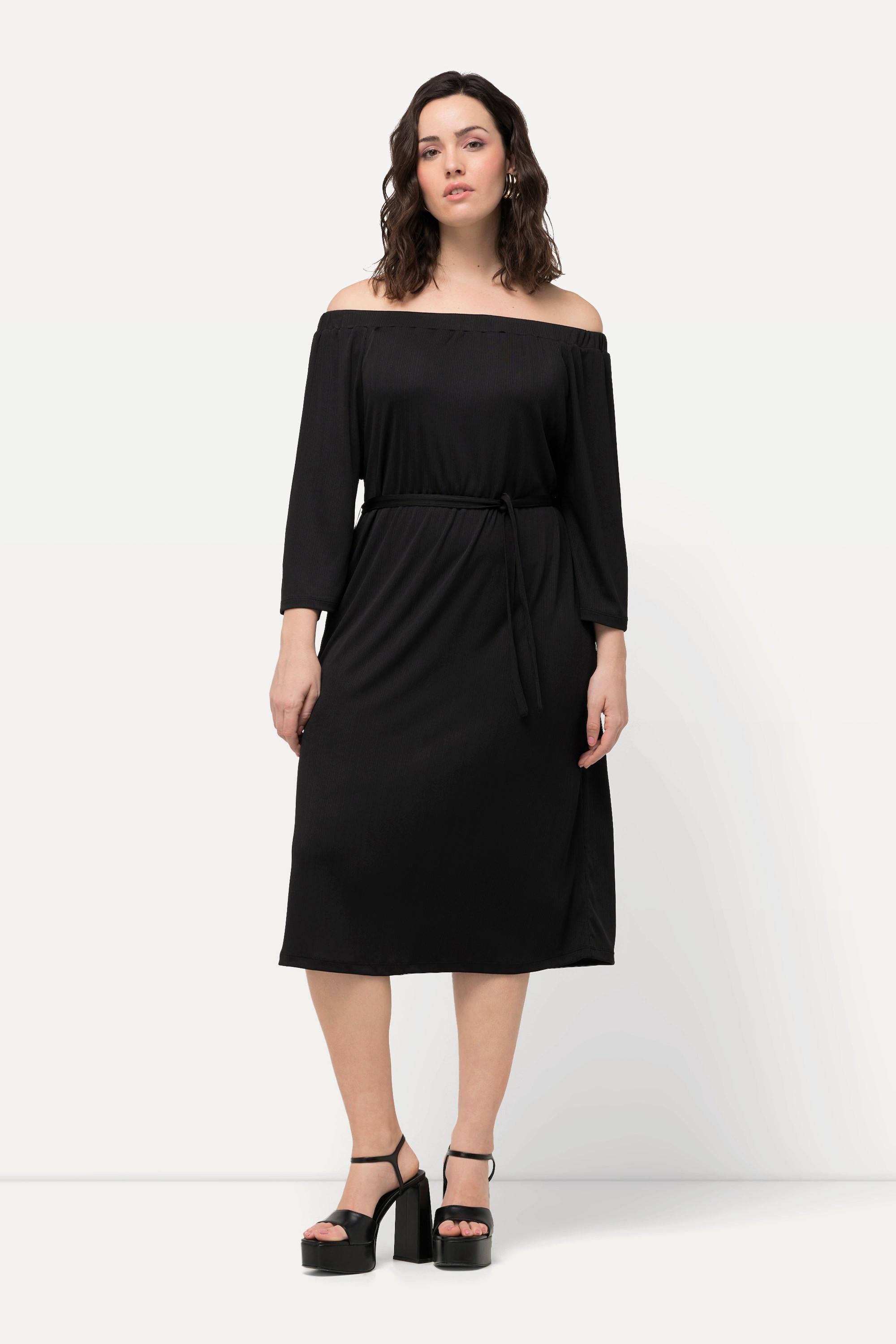 Ulla Popken  Robe midi en jersey texturé, épaules dénudées et manches 3/4 