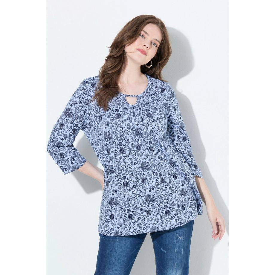 Ulla Popken Maglia Fiori Taglio Svasato Girocollo Maniche 3/4  