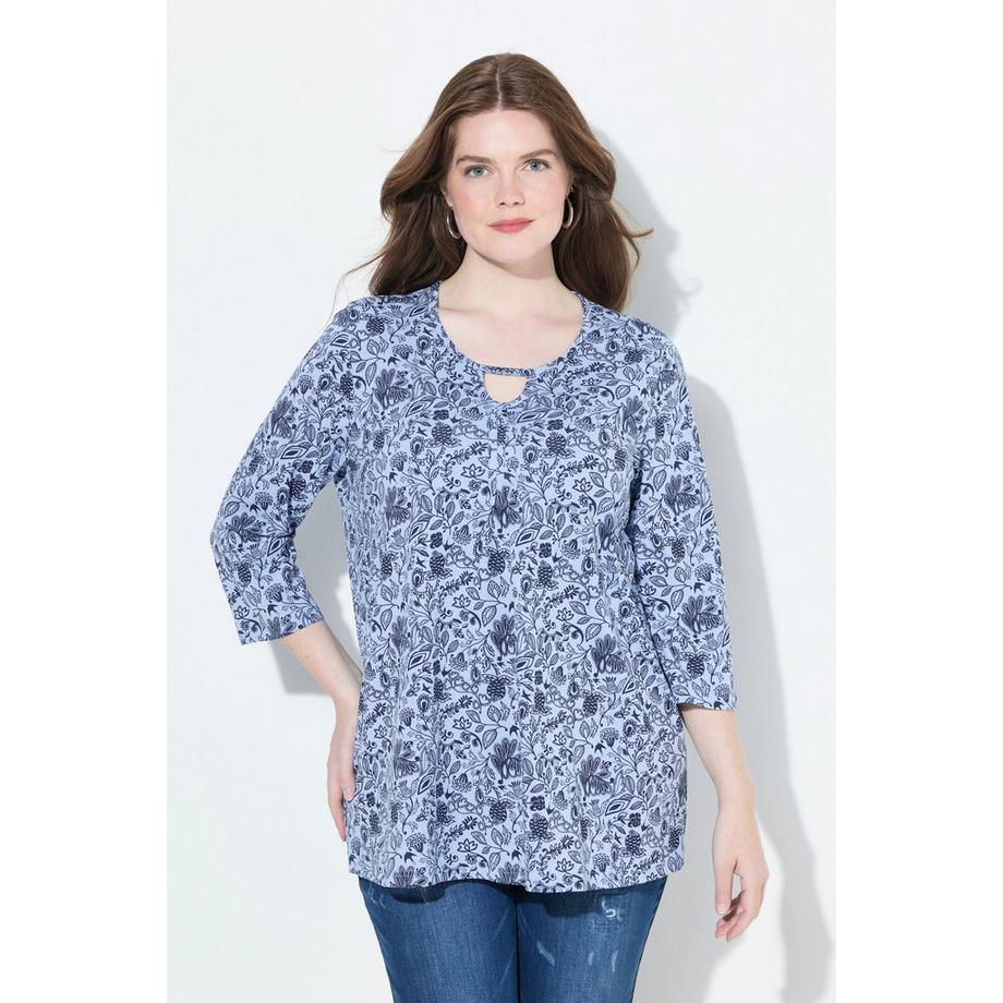 Ulla Popken Maglia Fiori Taglio Svasato Girocollo Maniche 3/4  