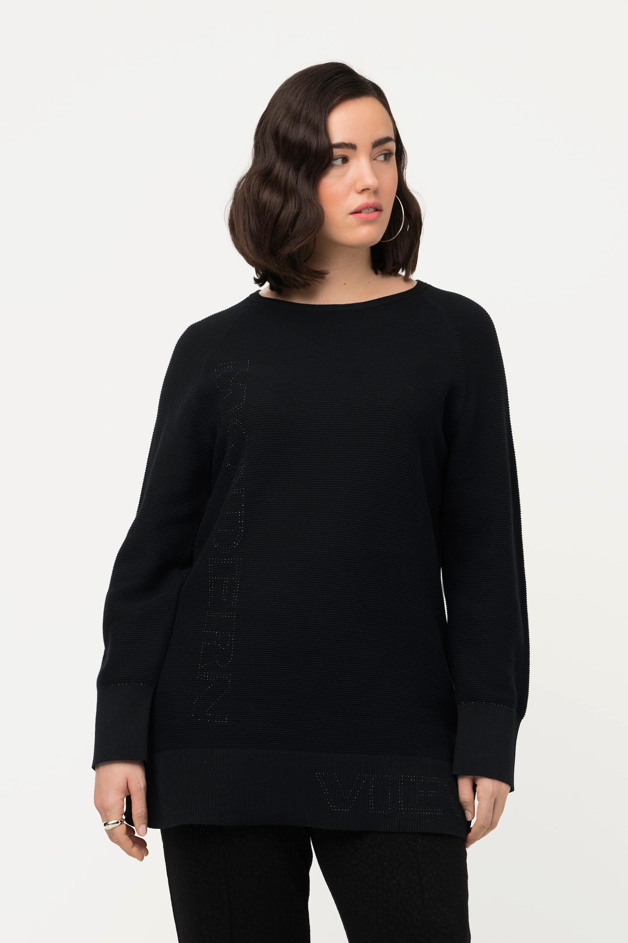 Ulla Popken  Pullover, Querrippen, Ziersteine, Rundhals, Langarm 