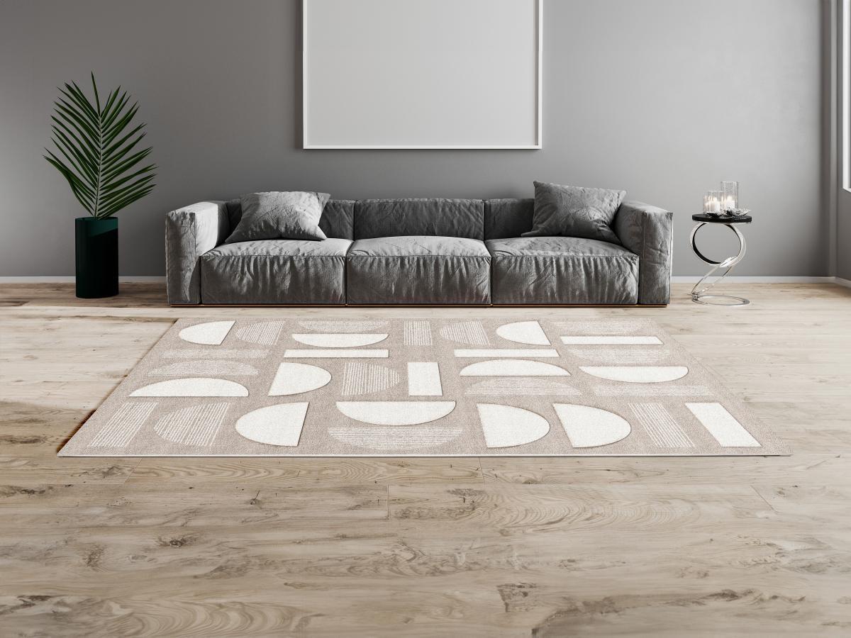 Vente-unique  Tapis géométrique en relief - 160 x 230 cm - Gris et beige - GRAFITA 