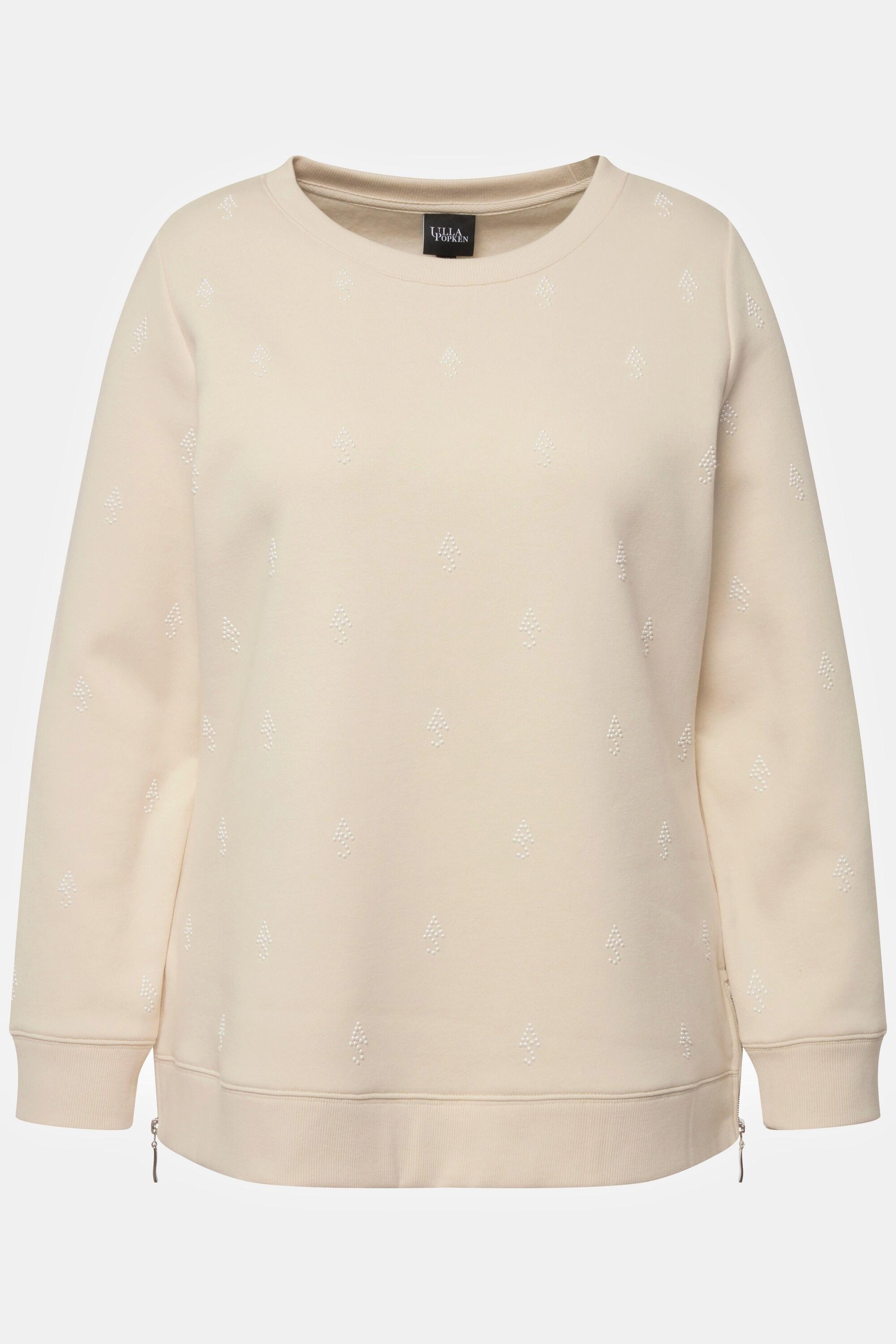 Ulla Popken  Sweat-shirt à col rond et manches longues, fermetures éclair et perles 