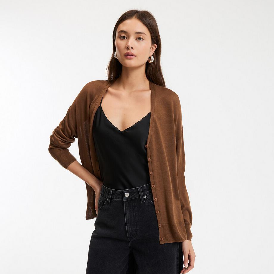 Feinstrickcardigan mit V-Ausschnitt und Knopfverschluss