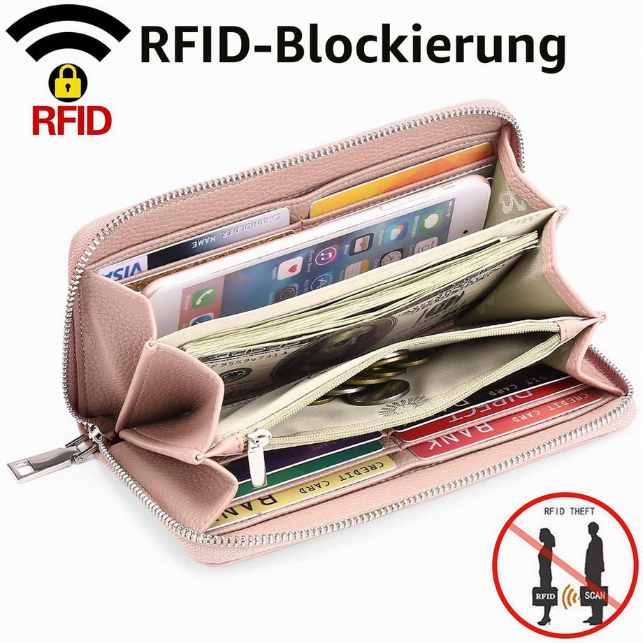 Only-bags.store Brieftaschen Lange Brieftasche mit großem Fassungsvermögen Grobes Karteninhaber-Portemonnaie mit RFID-Blockierung und abnehmbarem Handgelenk  