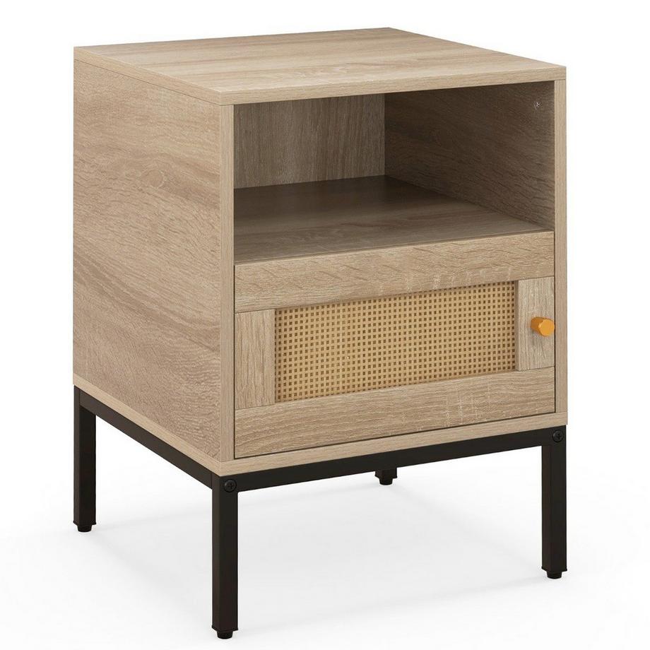 Northio Nachttisch Rattan Nachtschrank mit offenem Regal und Schrank 40 x 40 x 57 cm Natur  