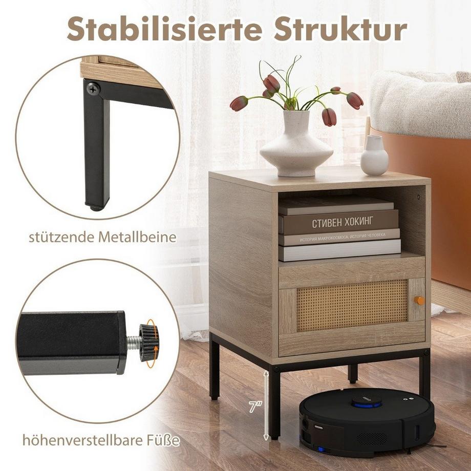 Northio Nachttisch Rattan Nachtschrank mit offenem Regal und Schrank 40 x 40 x 57 cm Natur  
