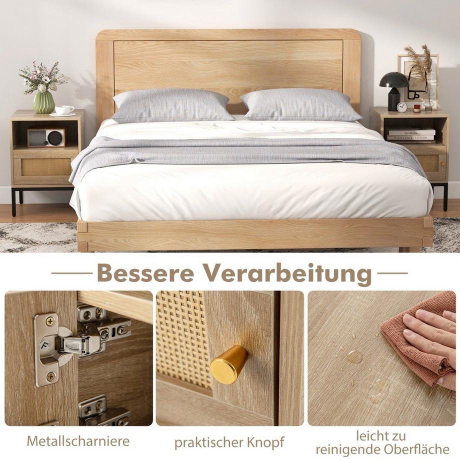 Northio Nachttisch Rattan Nachtschrank mit offenem Regal und Schrank 40 x 40 x 57 cm Natur  