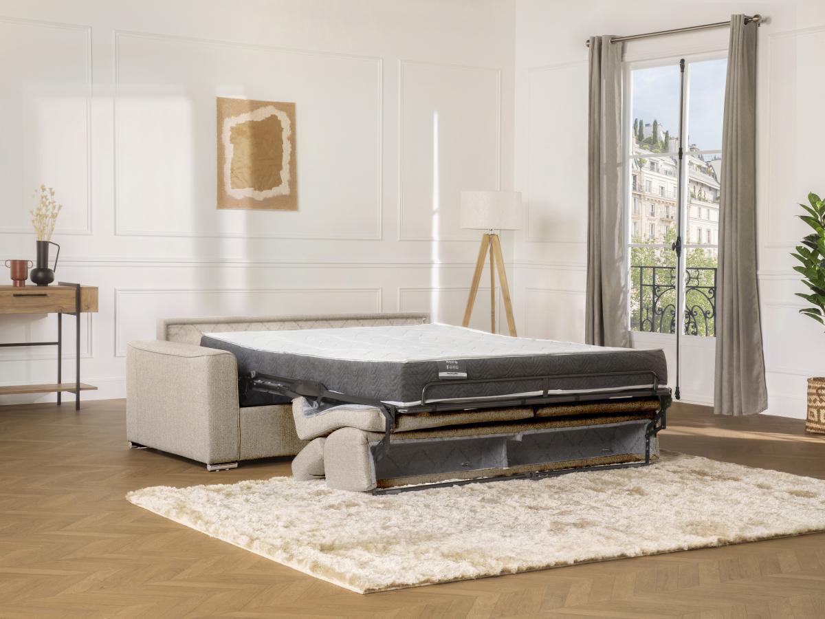 Vente-unique Canapé 3 places convertible express en tissu beige - couchage lattes larges 140 cm - Matelas 22 cm avec mémoire de forme VIZIR  