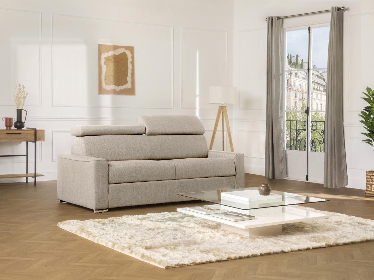 Vente-unique Canapé 3 places convertible express en tissu beige - couchage lattes larges 140 cm - Matelas 22 cm avec mémoire de forme VIZIR  