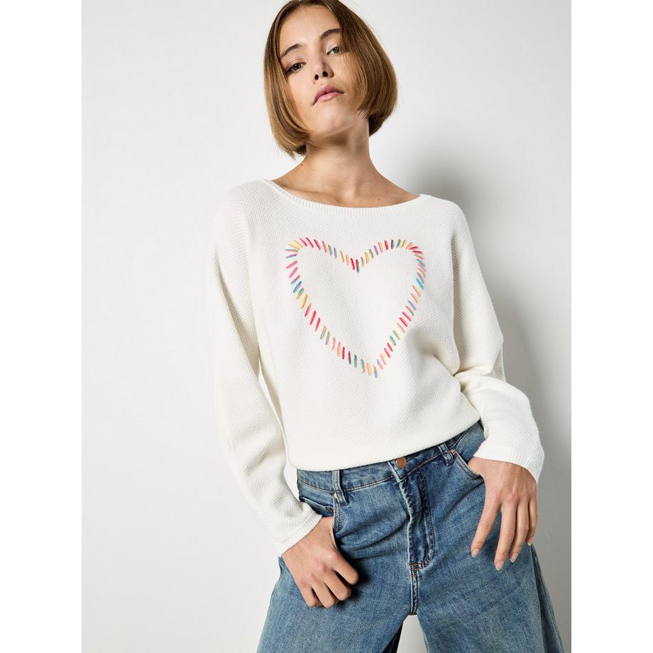 Farbenfroher Pullover mit aufgesticktem Herz