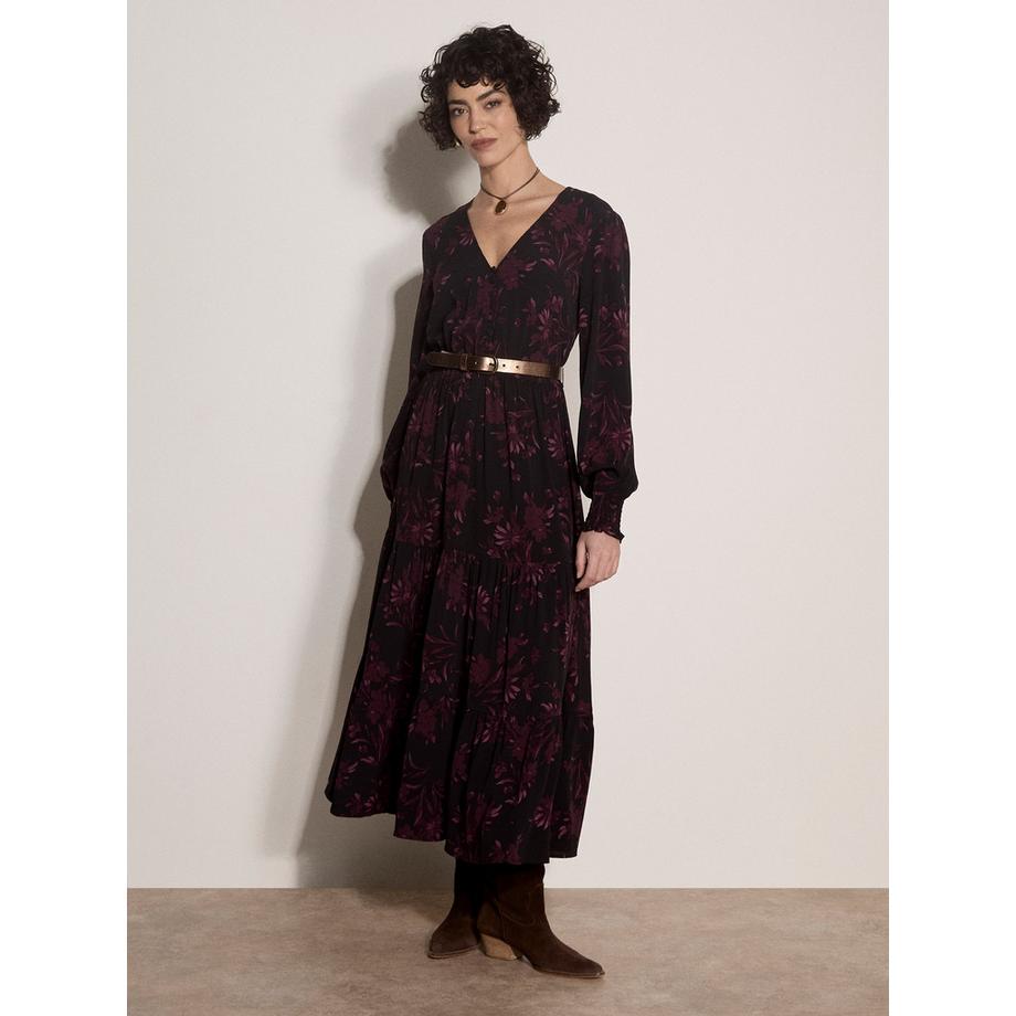 Robe mi-longue en crêpe à motifs floraux