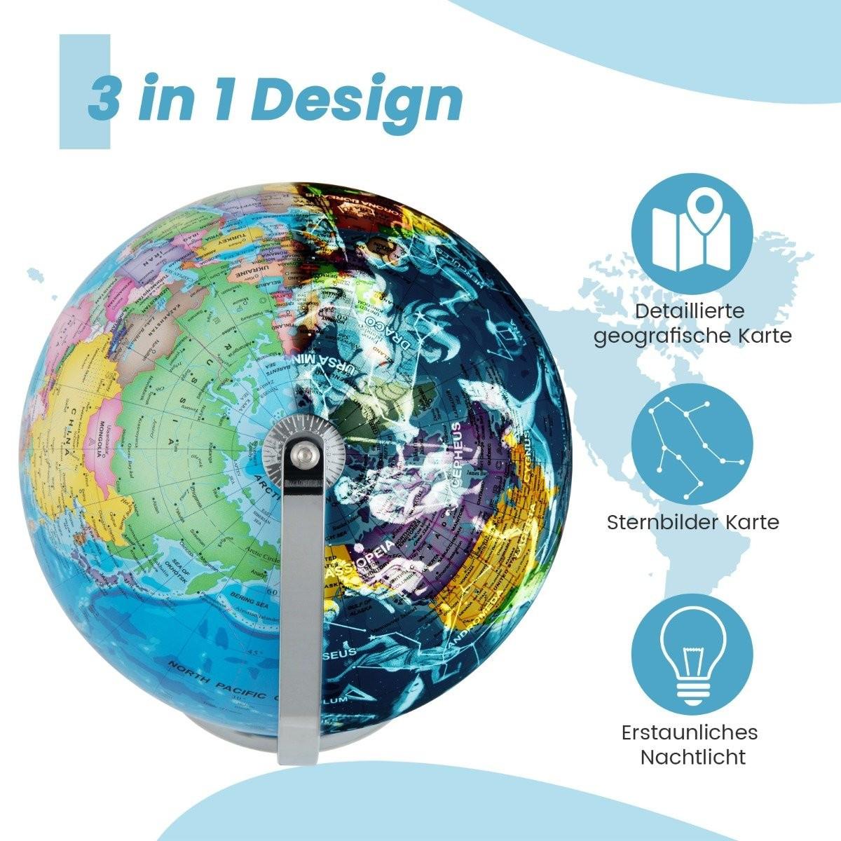 Northix  Globo illuminato Ø 23 cm con base in metallo e luce, mappa geografica inglese e mappa delle costellazioni 