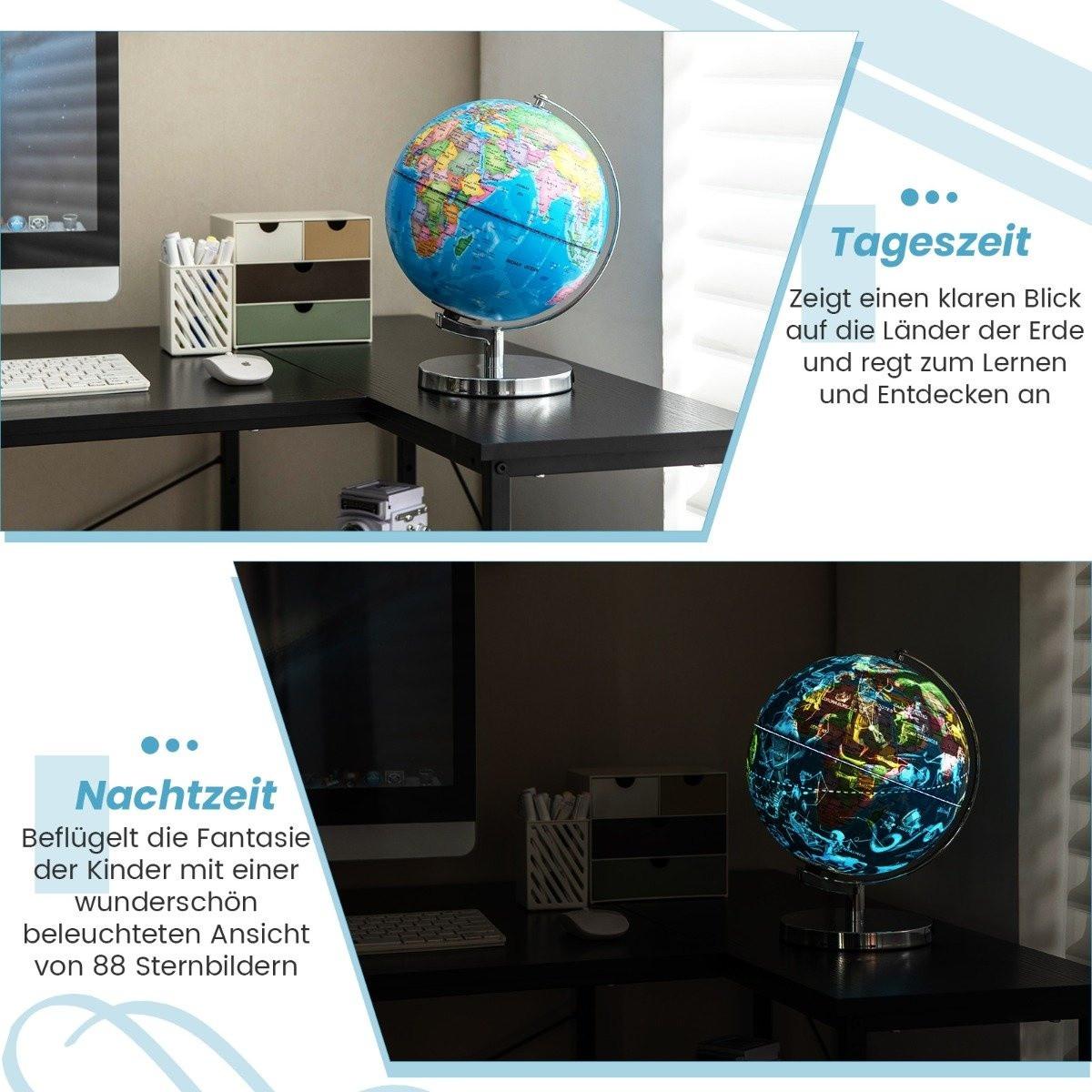 Northix  Globo illuminato Ø 23 cm con base in metallo e luce, mappa geografica inglese e mappa delle costellazioni 