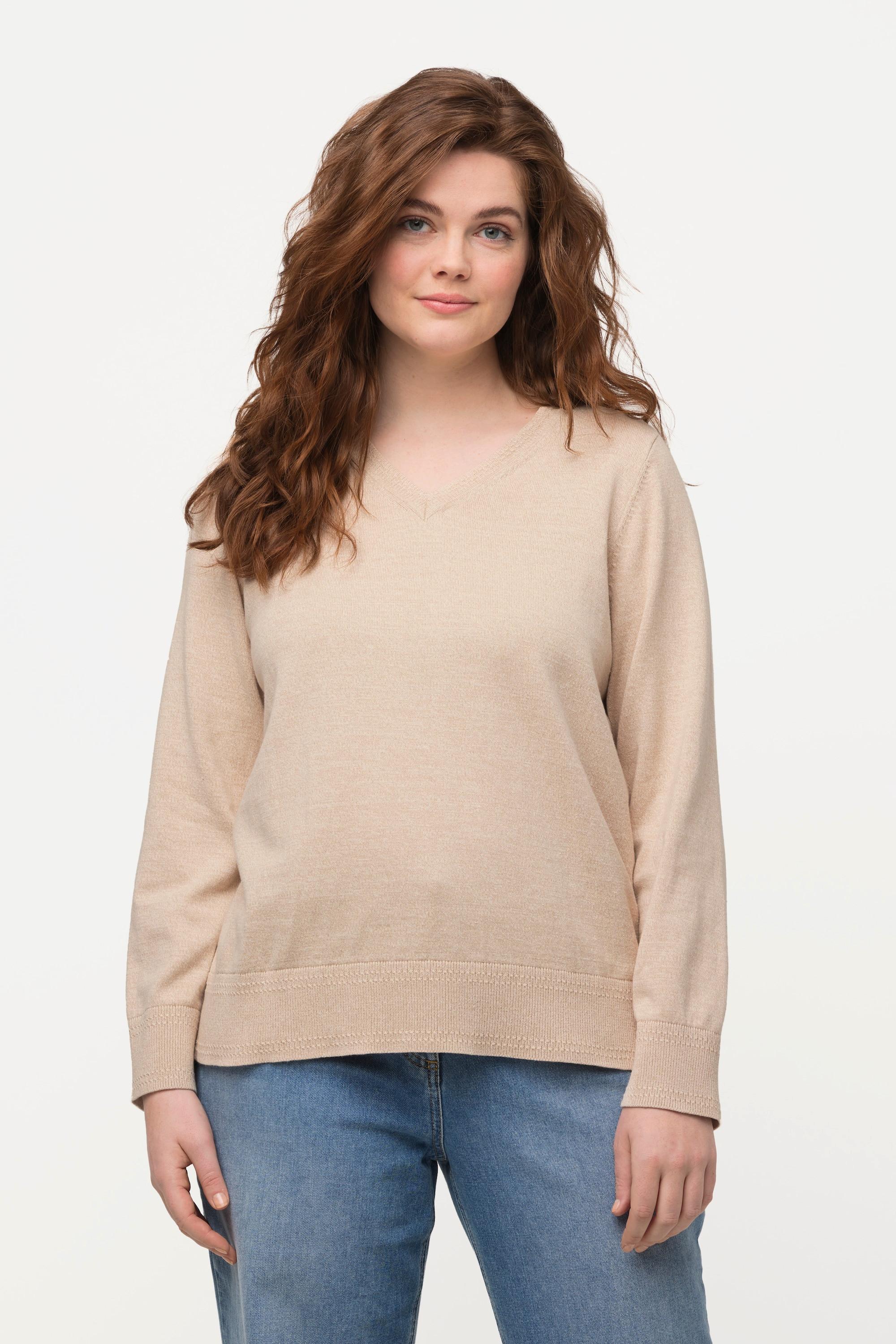 Ulla Popken  Pullover, V-Ausschnitt, Langarm, Biobaumwolle 