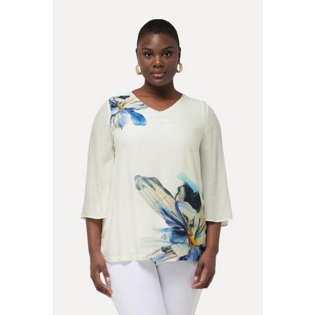 Ulla Popken  Blusa dal taglio oversize con fiori, scollo a V e maniche svasate a 3/4 