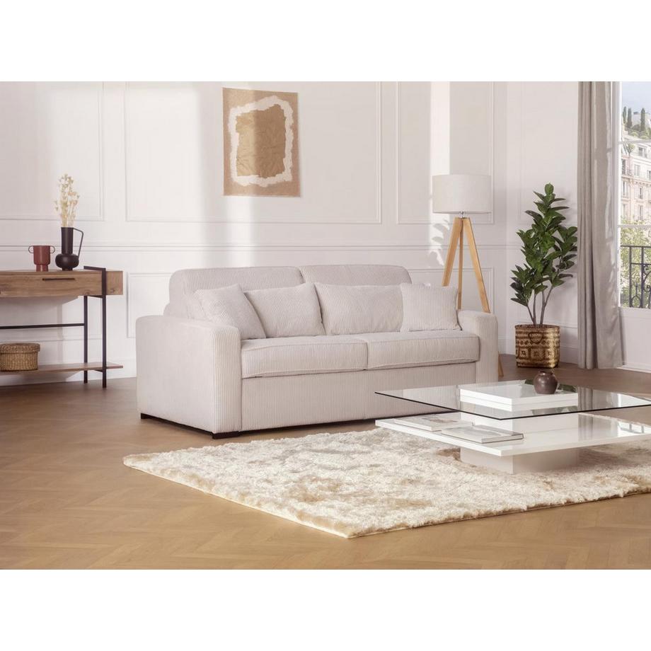 Vente-unique Canapé 3 places convertible express en velours côtelé beige - Couchage 140 cm - Matelas 18 cm - MONDOVI  