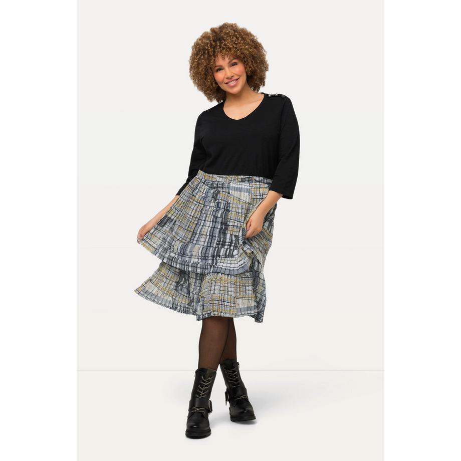 Ulla Popken Robe en jersey Jupe plissée Ligne A Col en V Manches 3/4  