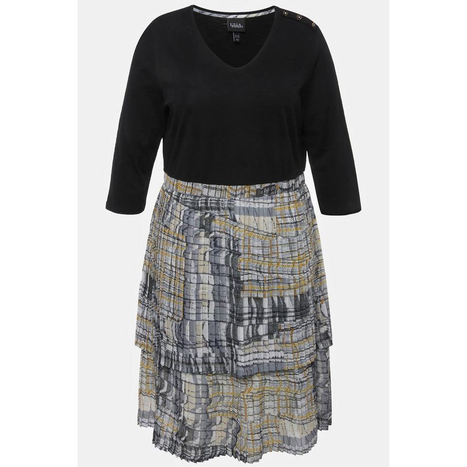 Ulla Popken Robe en jersey Jupe plissée Ligne A Col en V Manches 3/4  