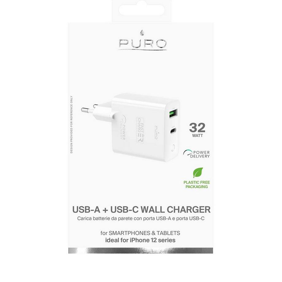Puro®  Ladegerät mit Dual USB-A / USB-C PD-Buchse und 32W (12-20 W) 