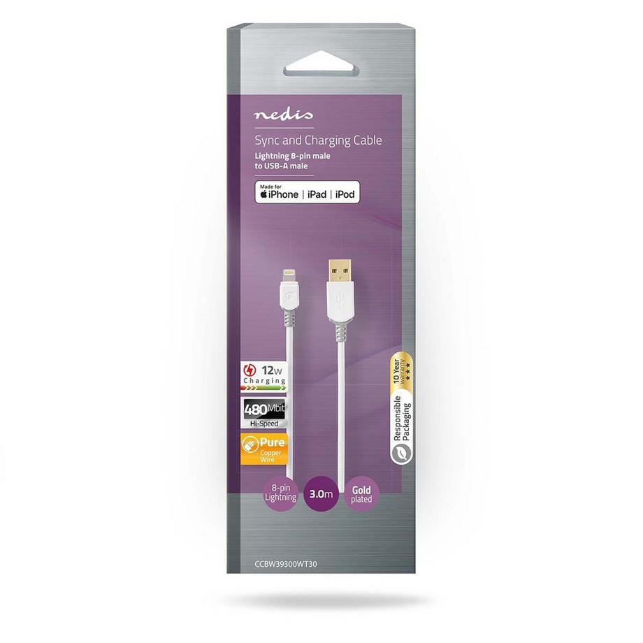 Nedis  Lightning Kabel | USB 2.0 | Apple Lightning, 8-polig | USB-A Stecker | 480 Mbps | Vergoldet | 3,00 m | Rund | PVC | Grau / Weiß | Box 