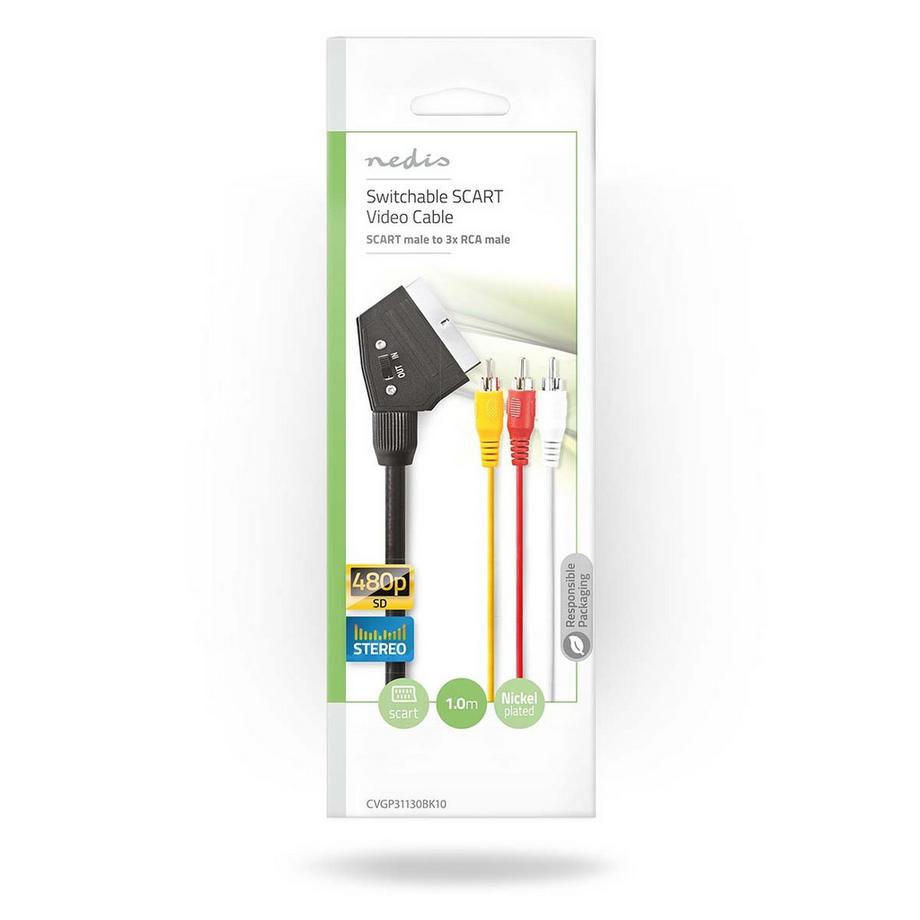 Nedis  SCART-Kabel | SCART-Stecker | SCART-Stecker | 3x Cinch-Stecker | Vernickelt | Schaltbar | 480p | 1,00 m | Rund | PVC | Schwarz | Plastikbeutel 
