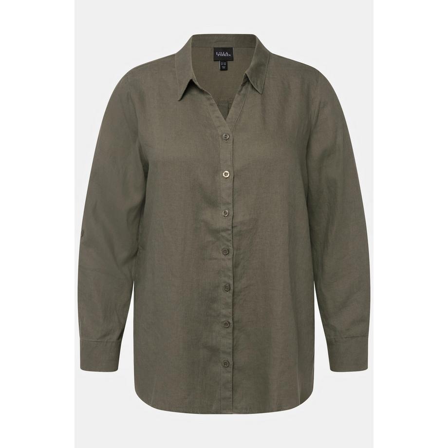 Ulla Popken Chemisier en lin à manches longues et col ouvert  
