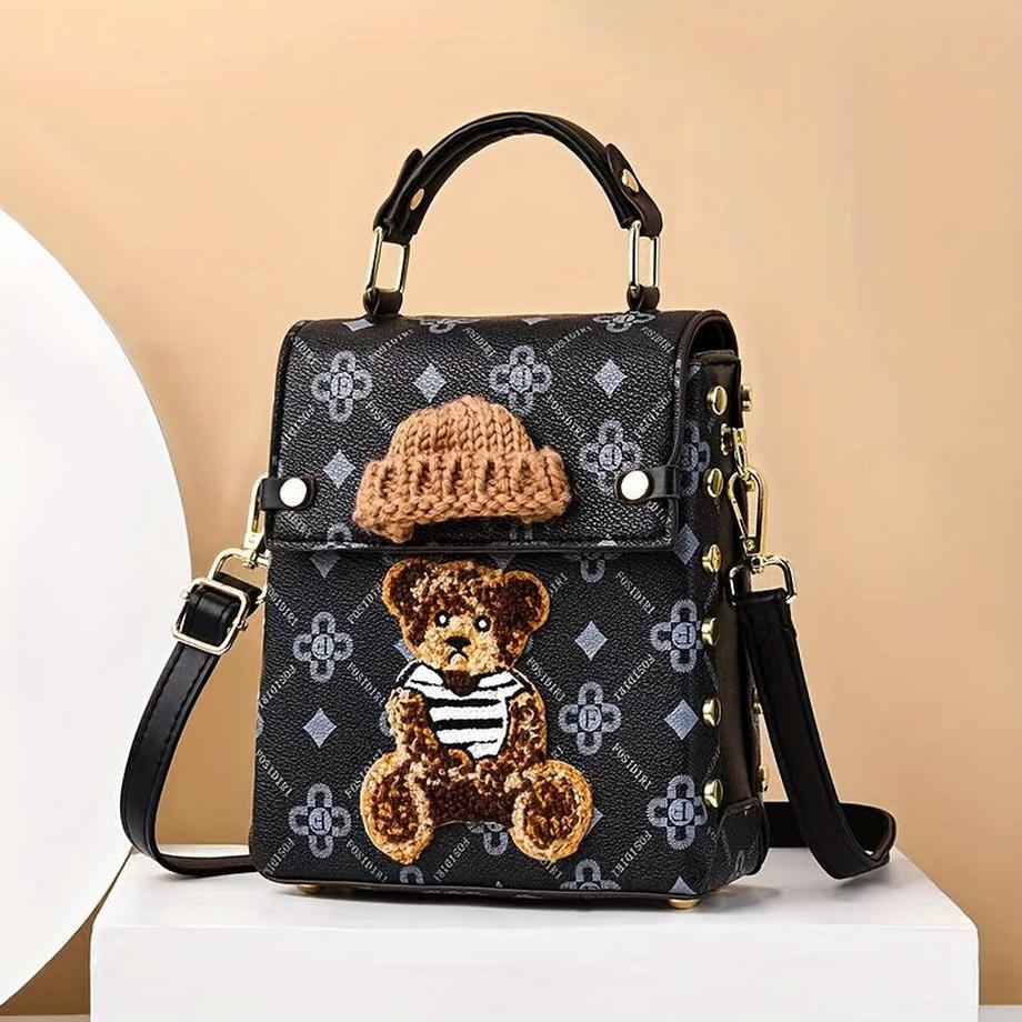 Mini-Rucksack Geldbörse, PU-Leder, niedliche Teddybär-Design, Handy-Tasche, stilvolle Handtasche mit verstellbaren Riemen