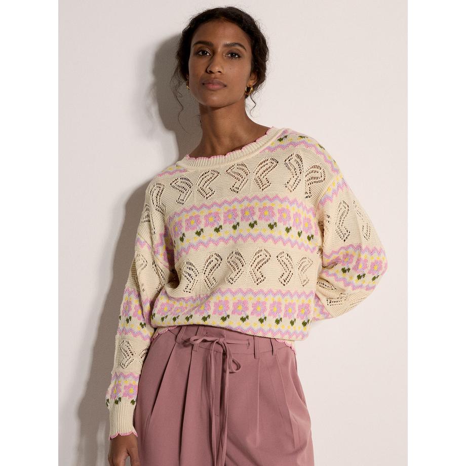 Pointelle-Strickpullover mit Schmetterlings- und Blumenmuster
