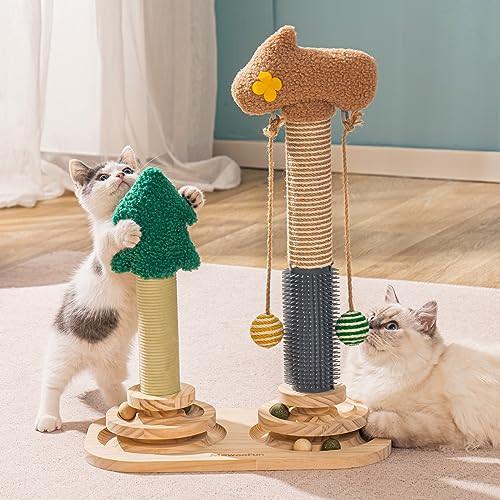 Alopini  Jouet en bois pour chaton 3 en 1 – Double arbre à gratter, jouet interactif pour chat, plateau tournant à 2 plis, jouet pour chaton avec balle suspendue, jouet pour chat, 40 x 57 cm 