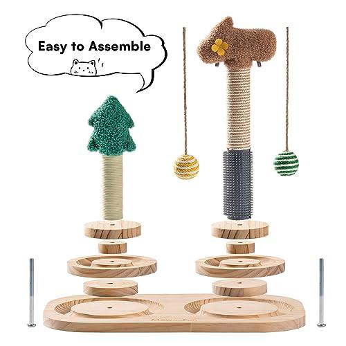 Alopini  Jouet en bois pour chaton 3 en 1 – Double arbre à gratter, jouet interactif pour chat, plateau tournant à 2 plis, jouet pour chaton avec balle suspendue, jouet pour chat, 40 x 57 cm 