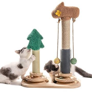 Jouet en bois pour chaton 3 en 1 – Double arbre à gratter, jouet interactif pour chat, plateau tournant à 2 plis, jouet pour chaton avec balle suspendue, jouet pour chat, 40 x 57 cm