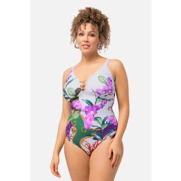 Maillot de bain à bonnets moulés. Matière recyclée et motif orchidée