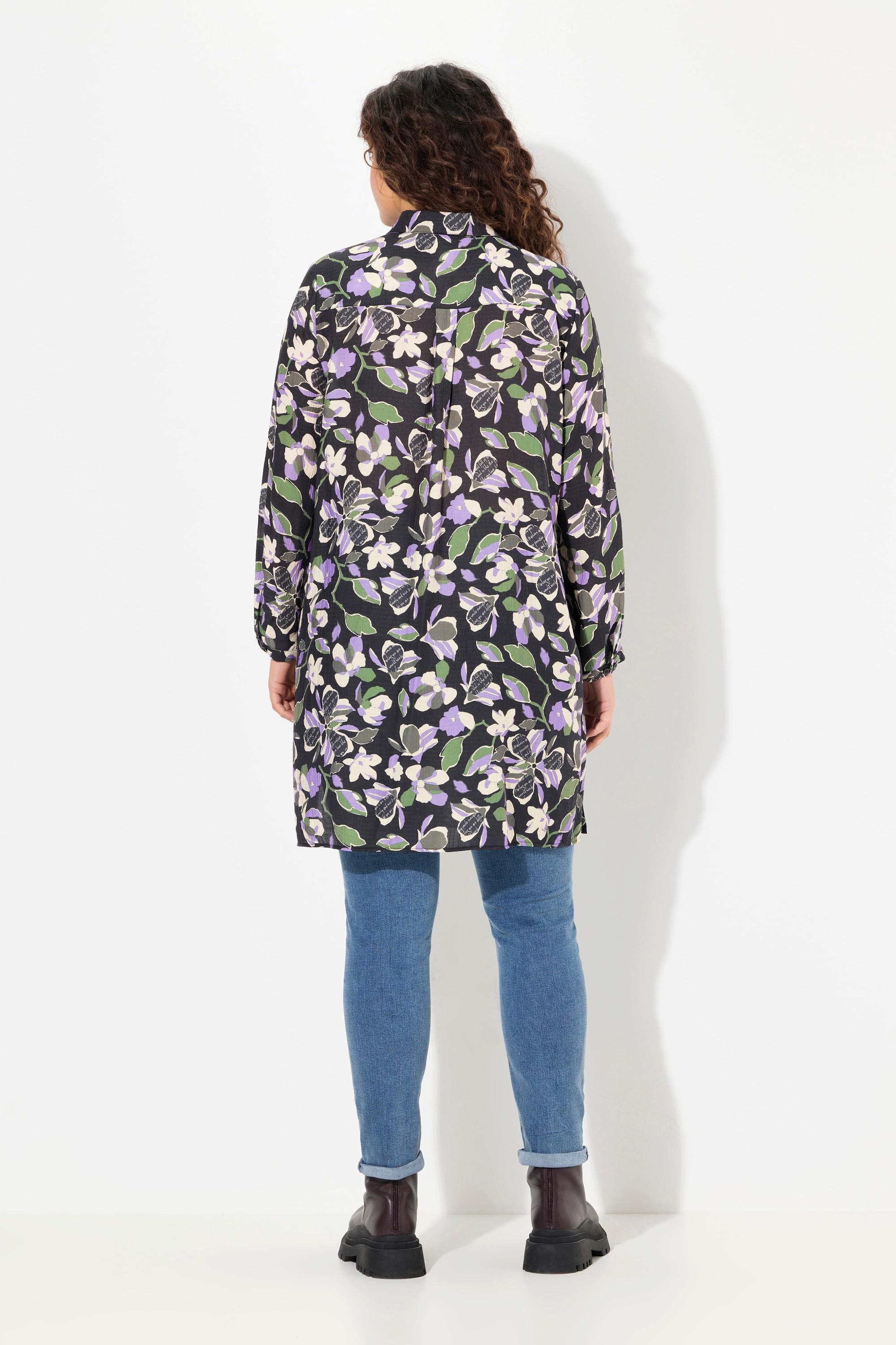 Ulla Popken  Longbluse, Blüten, A-Linie, Hemdkragen, Langarm 