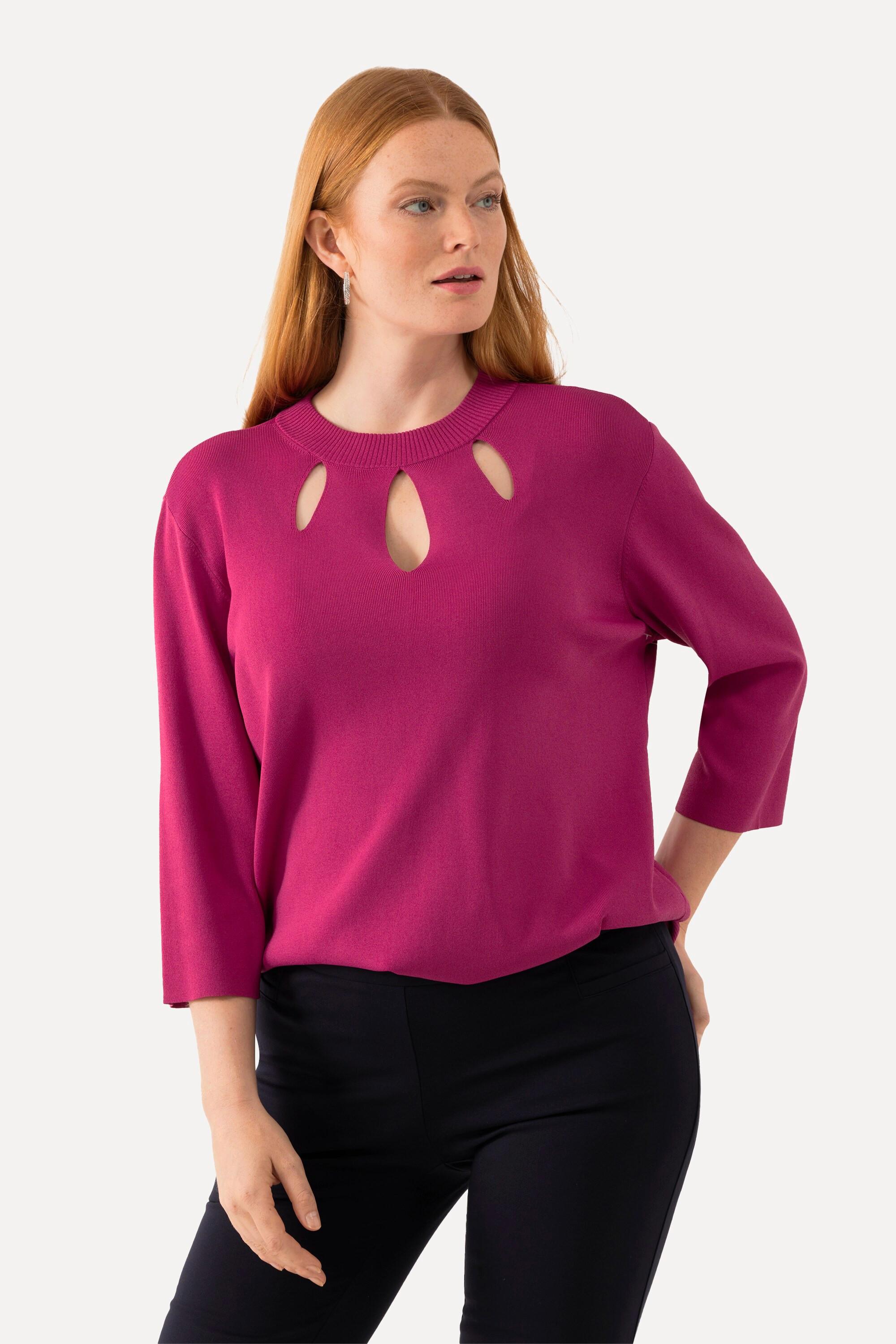 Ulla Popken  Pullover, Cut-Outs, Stehkragen, 3/4-Arm, Rippstrick 