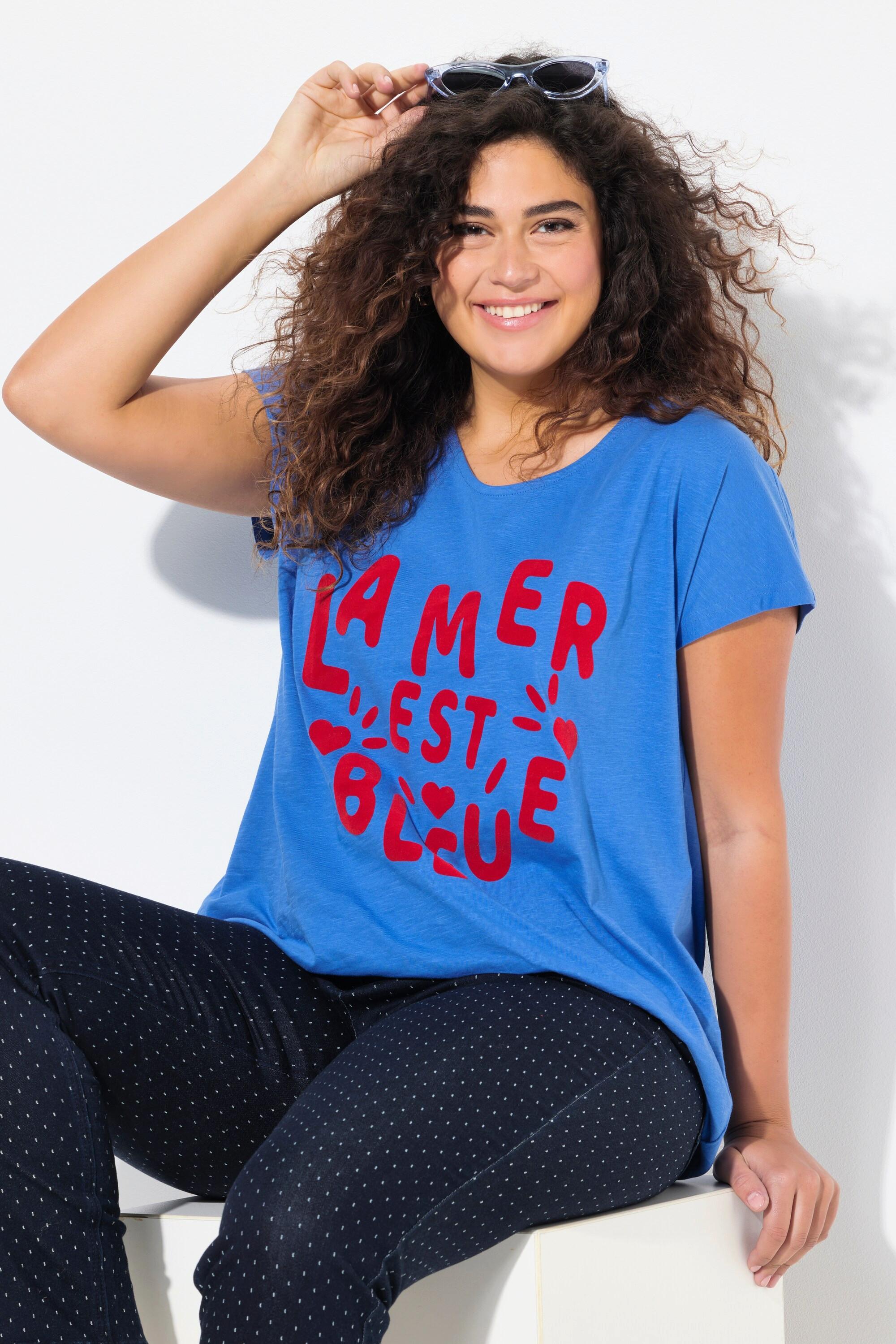 Ulla Popken  T-shirt « La mer est bleue », col en V et manches courtes 