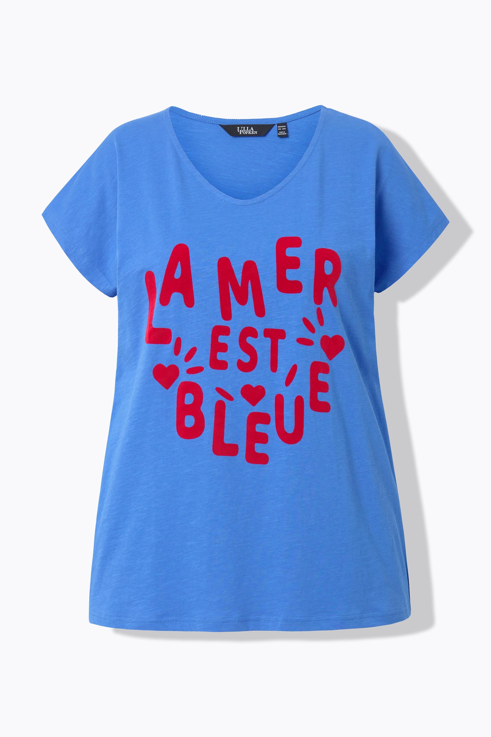 Ulla Popken  T-shirt « La mer est bleue », col en V et manches courtes 