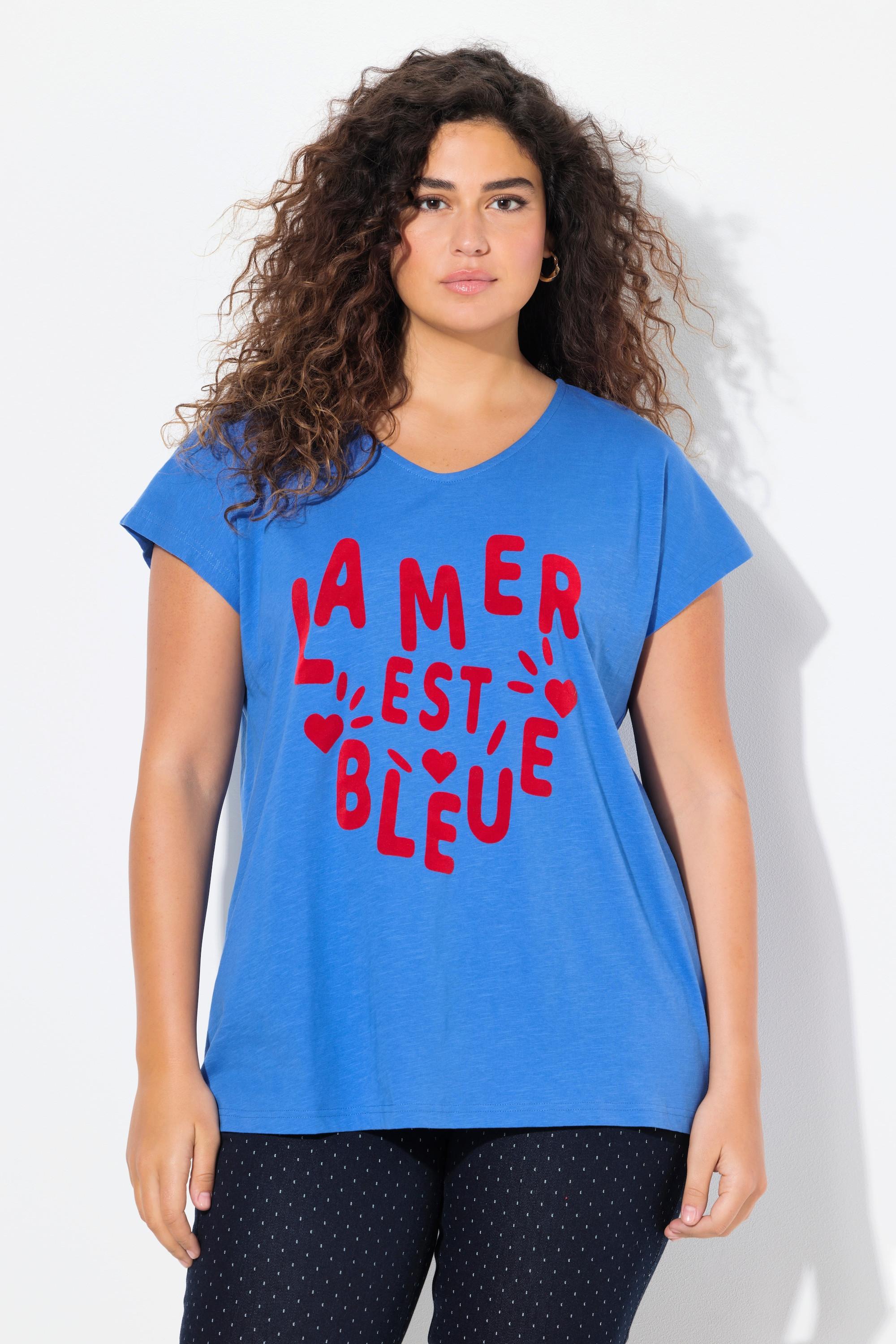 Ulla Popken  T-shirt « La mer est bleue », col en V et manches courtes 