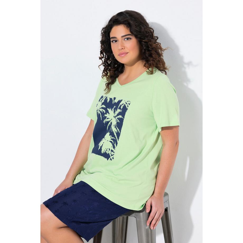 Ulla Popken T-shirt imprimé palmiers ligne A col V manches courtes  