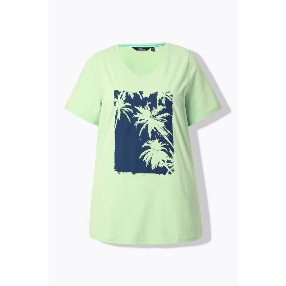 Ulla Popken T-shirt imprimé palmiers ligne A col V manches courtes  