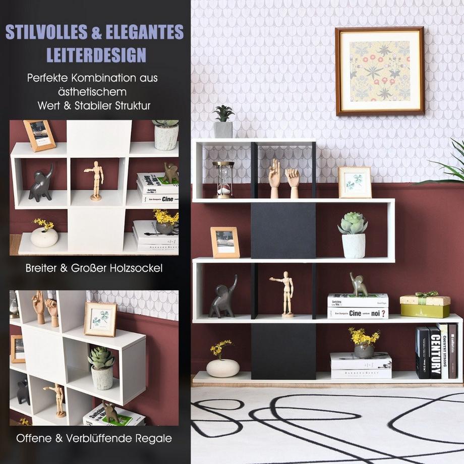 B2X Moderner 5-stöckiger Raumteiler im Leiterstil aus Holz für Bücher 120 x 19,5 x 109 cm Schwarz & Weiß  