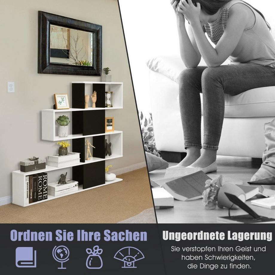 B2X Moderner 5-stöckiger Raumteiler im Leiterstil aus Holz für Bücher 120 x 19,5 x 109 cm Schwarz & Weiß  